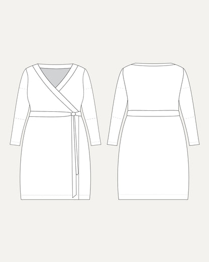 Line drawing of a wrap dress from front and back views on a white background. This dress is the Appleton Wrap Dress sewing pattern from Cashmerette.