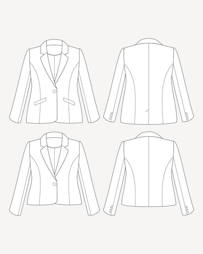 Line drawing of a blazer from multiple angles on a white background. This blazer is the Auburn Blazer sewing pattern from Cashmerette.