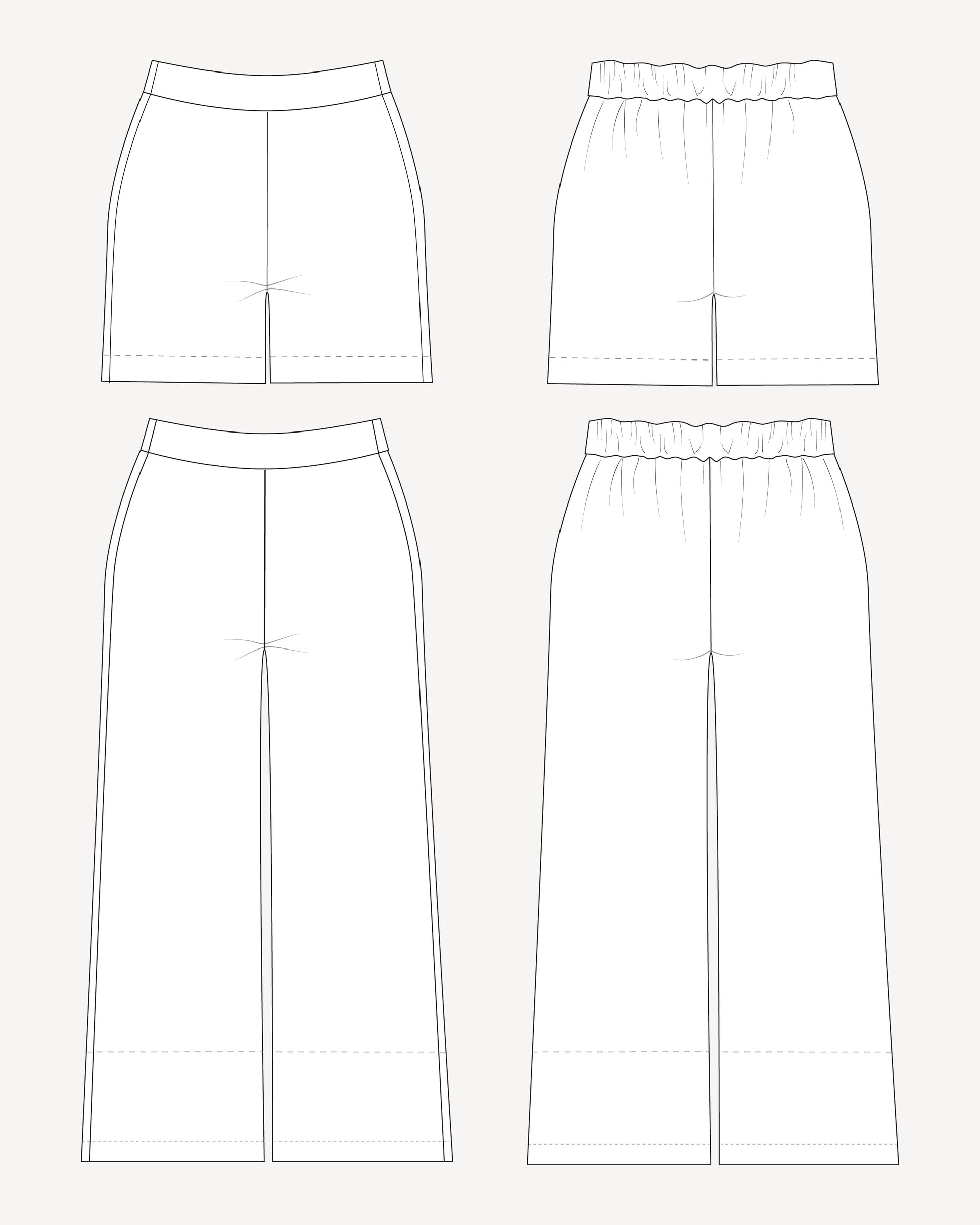 Line drawings of various styles of pants on a white background. These pants are the Calder Pants & Shorts sewing pattern from Cashmerette.