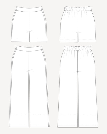 Line drawings of various styles of pants on a white background. These pants are the Calder Pants & Shorts sewing pattern from Cashmerette.