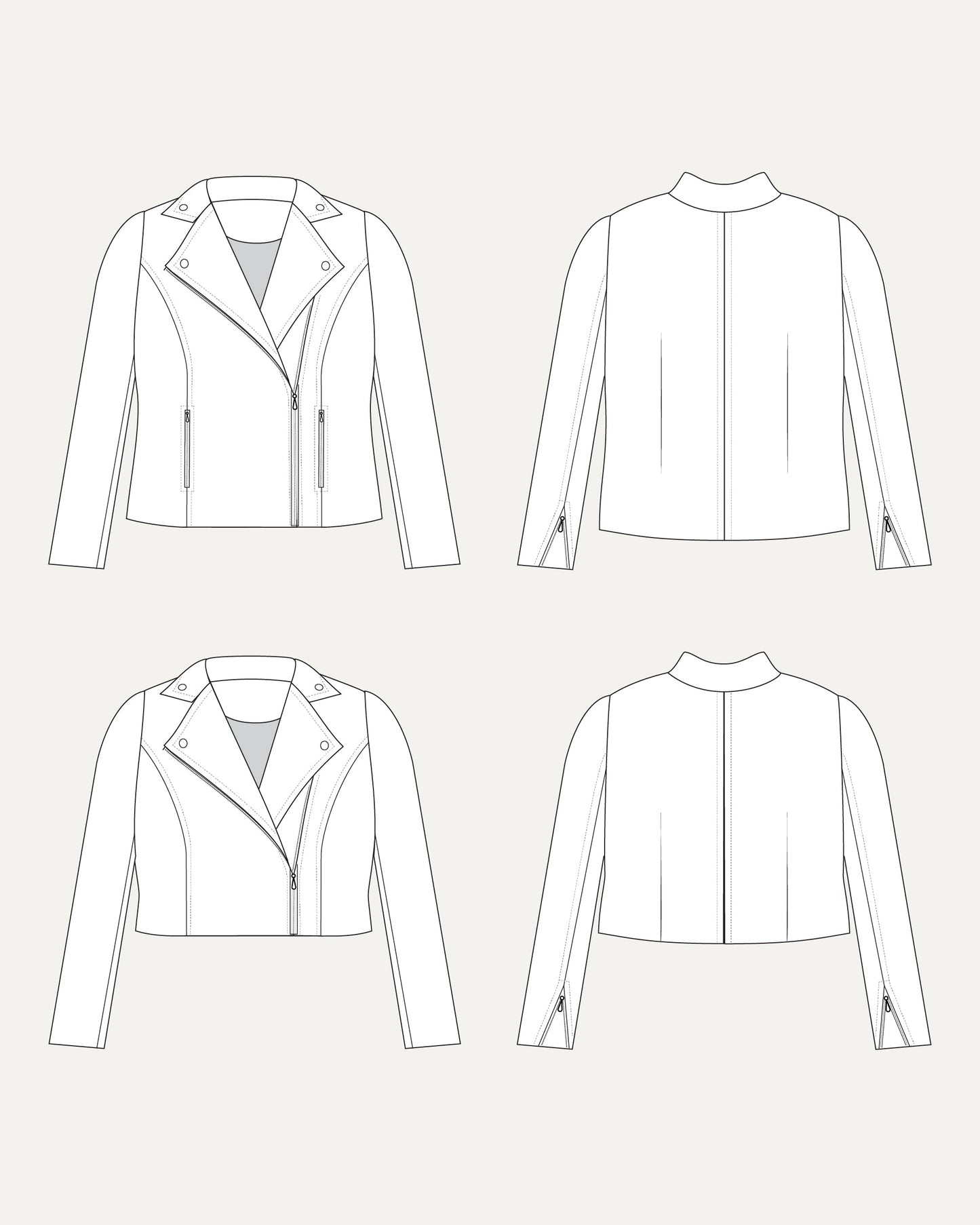 Line drawing of a jacket from multiple angles on a white background. This biker jacket is the Canton Moto Jacket sewing pattern from Cashmerette.