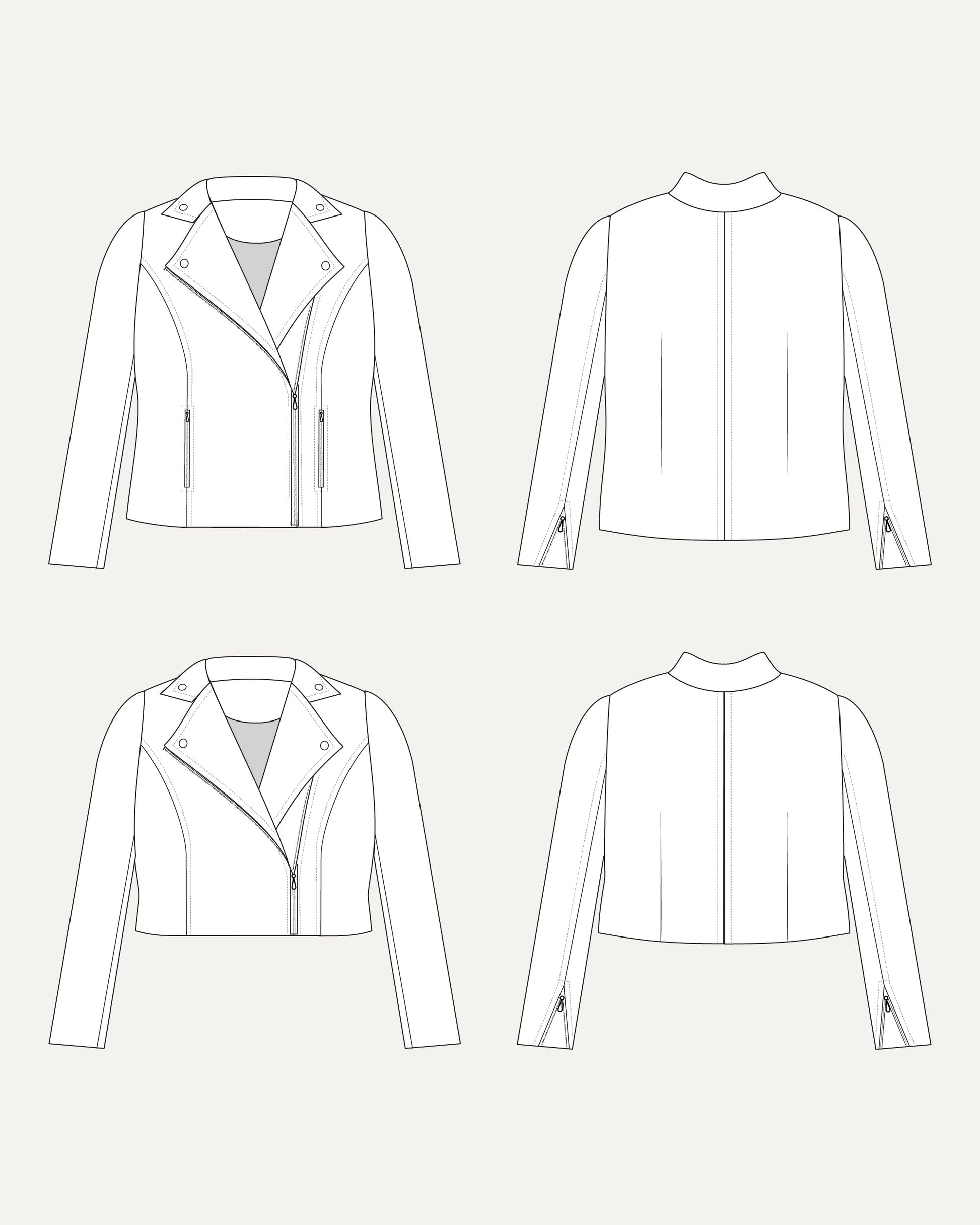 Line drawing of a jacket from multiple angles on a white background. This biker jacket is the Canton Moto Jacket sewing pattern from Cashmerette.
