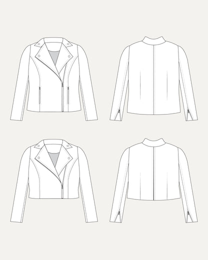 Line drawing of a jacket from multiple angles on a white background. This biker jacket is the Canton Moto Jacket sewing pattern from Cashmerette.