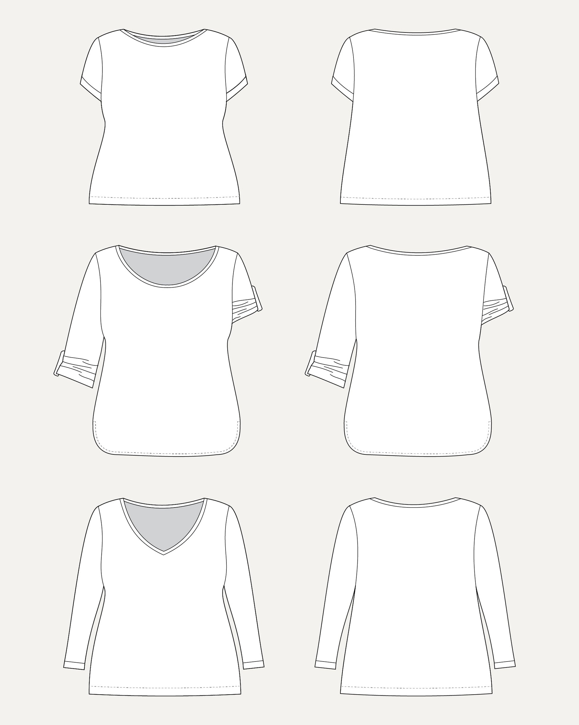 Line art of various t-shirt designs on a white background. This t-shirt is the Concord T-Shirt sewing pattern from Cashmerette.