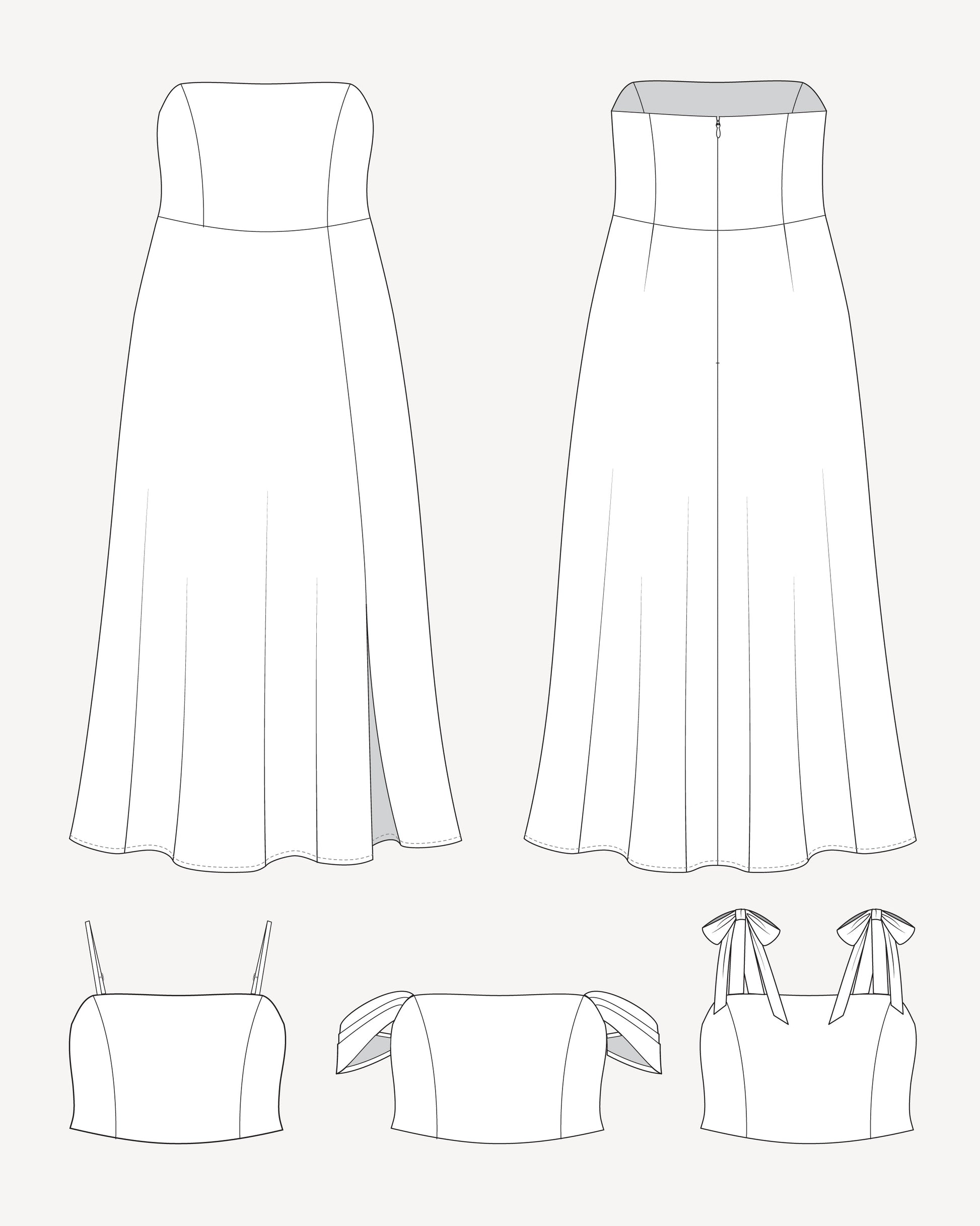 Line drawings of various strapless dresses on a white background. This dress is the Ellington Strapless Dress sewing pattern from Cashmerette.