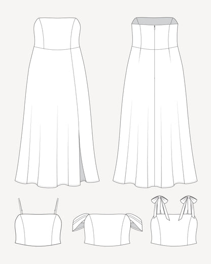 Line drawings of various strapless dresses on a white background. This dress is the Ellington Strapless Dress sewing pattern from Cashmerette.