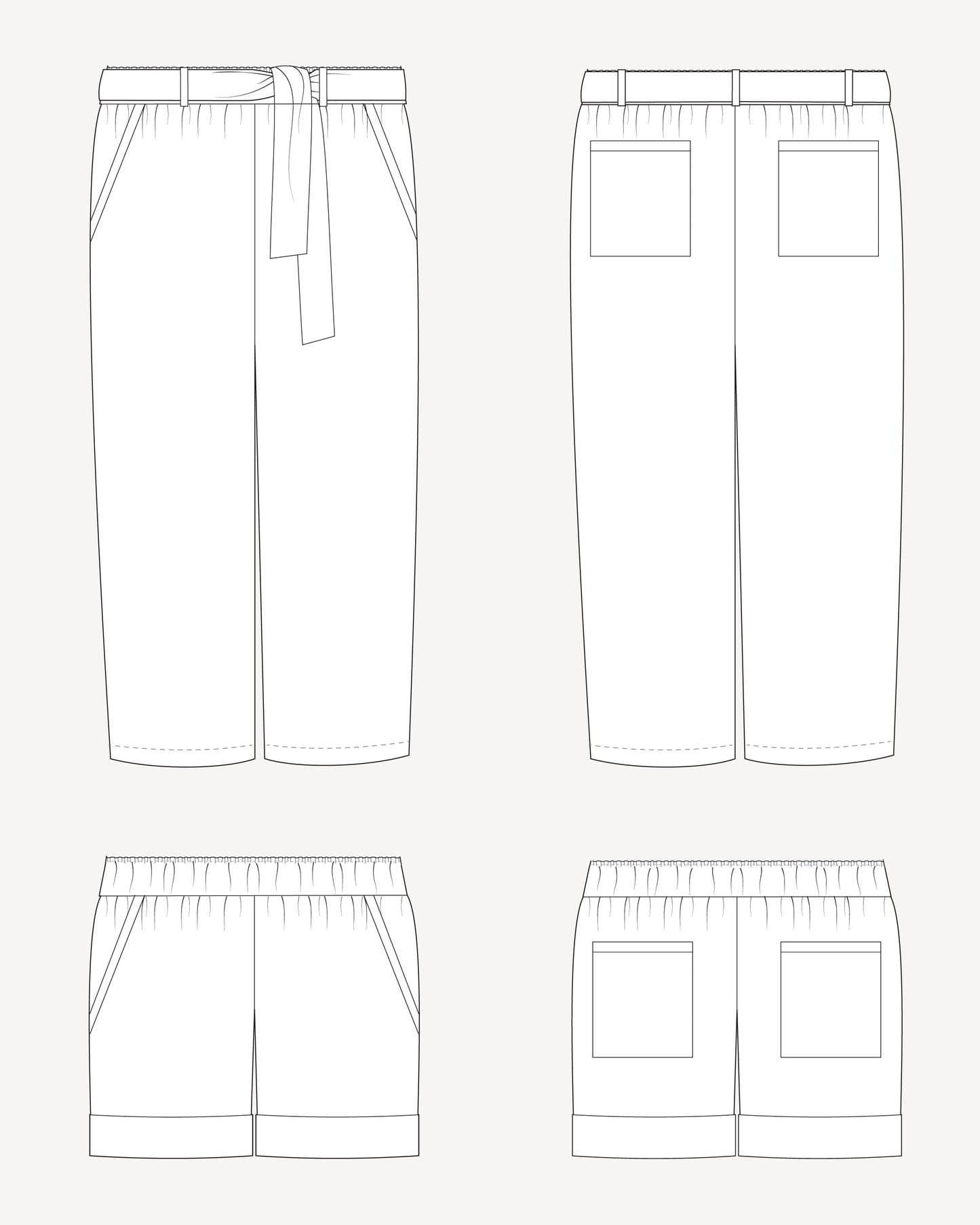 Line drawing of a pair of pants with a belt and front pockets on a white background. These pants are the Everett Pants & Shorts sewing pattern from Cashmerette.