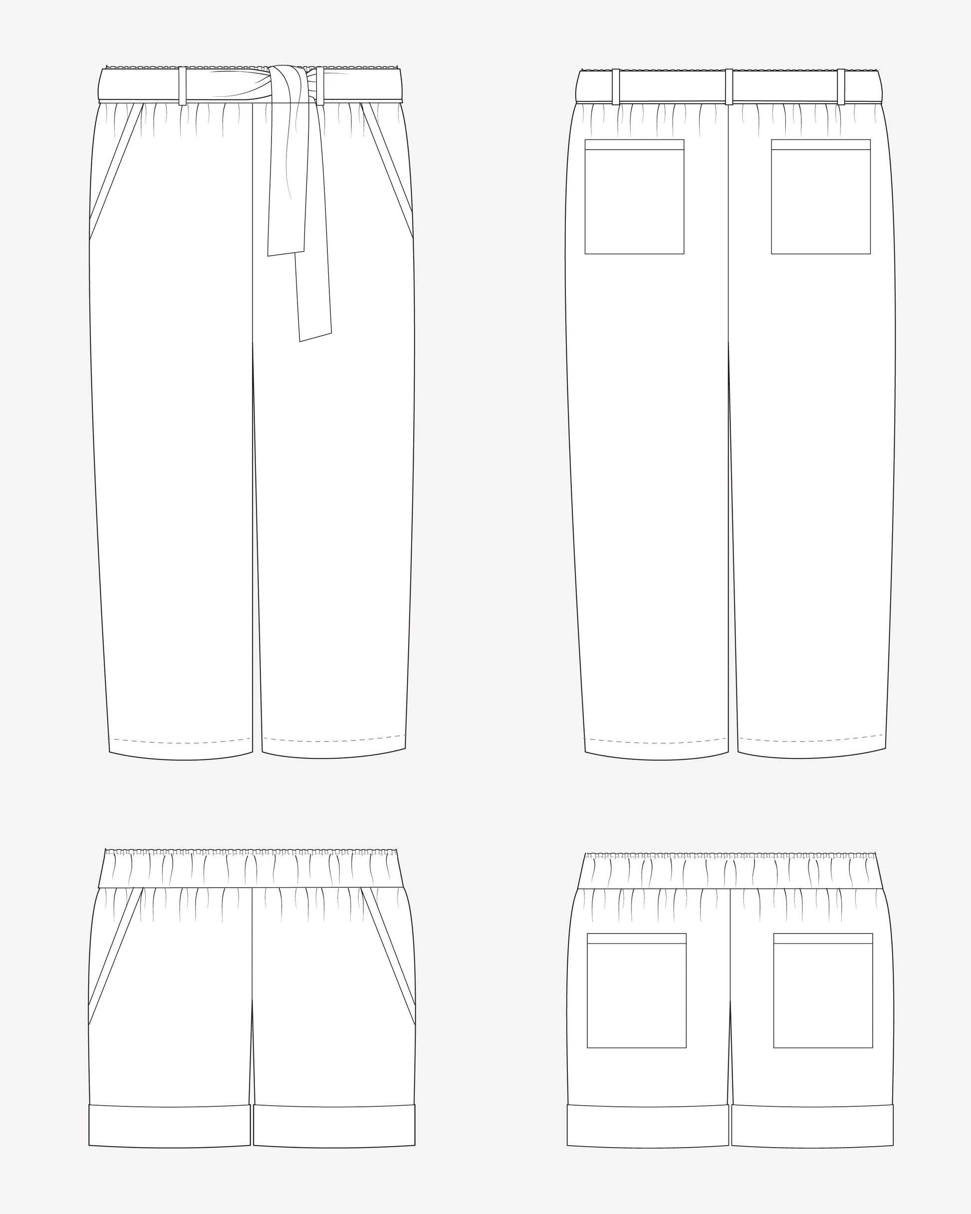 Line drawing of a pair of pants with a belt and front pockets on a white background. These pants are the Everett Pants & Shorts sewing pattern from Cashmerette.