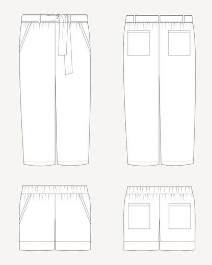 Line drawing of a pair of pants with a belt and front pockets on a white background. These pants are the Everett Pants & Shorts sewing pattern from Cashmerette.