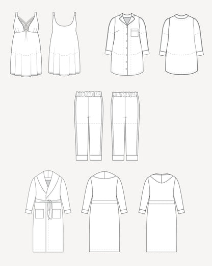 Set of black line drawings of various clothing items on a white background. This is the Fiske Sleepwear Set sewing pattern from Cashmerette.
