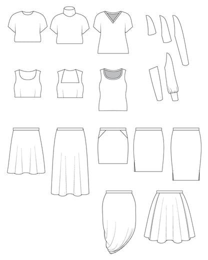 Line drawings of various clothing items including shirts, tops, and skirts on a white background.. This is the Grafton Dress, Top & Skirt sewing pattern from Cashmerette.