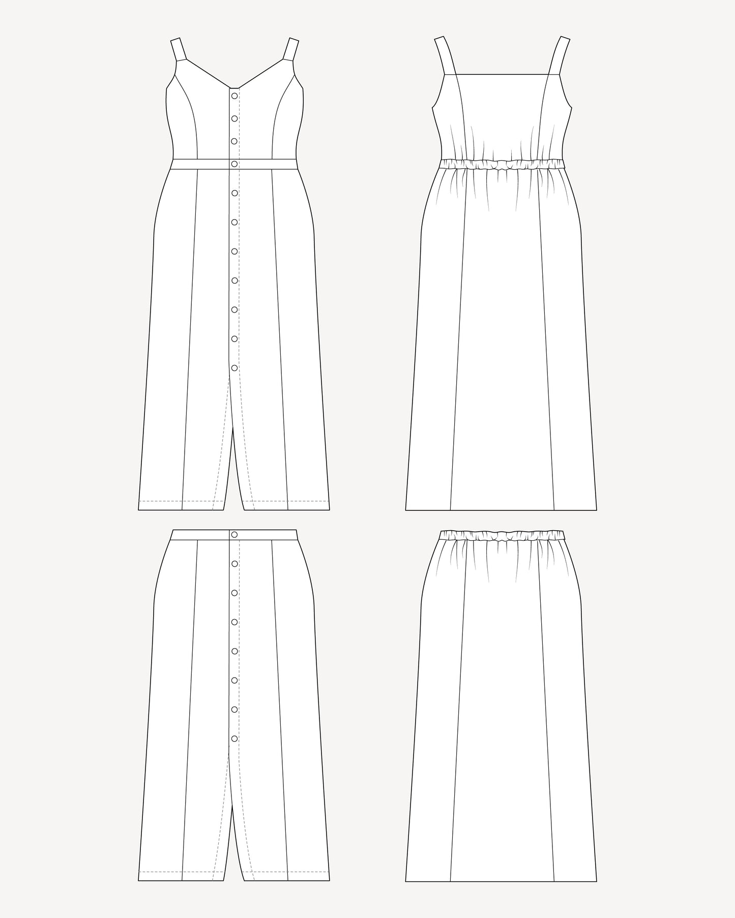 Line drawing of a dress and skirt on a white background. This is the Holyoke Maxi Dress & Skirt sewing pattern from Cashmerette.