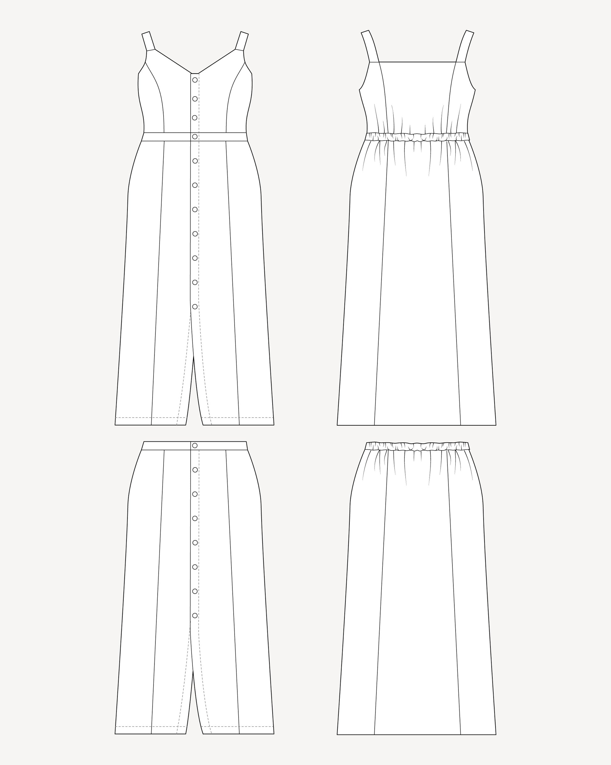 Line drawing of a dress and skirt on a white background. This is the Holyoke Maxi Dress & Skirt sewing pattern from Cashmerette.