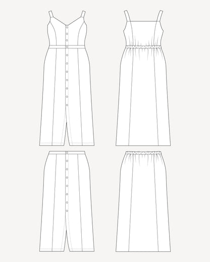 Line drawing of a dress and skirt on a white background. This is the Holyoke Maxi Dress & Skirt sewing pattern from Cashmerette.