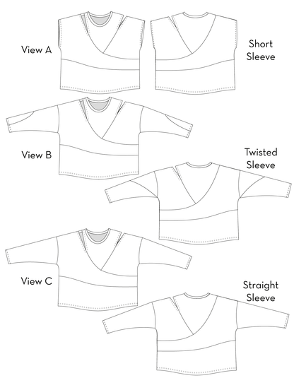 Kinetic Tee pdf sewing pattern - technical drawings Views A, B, and C