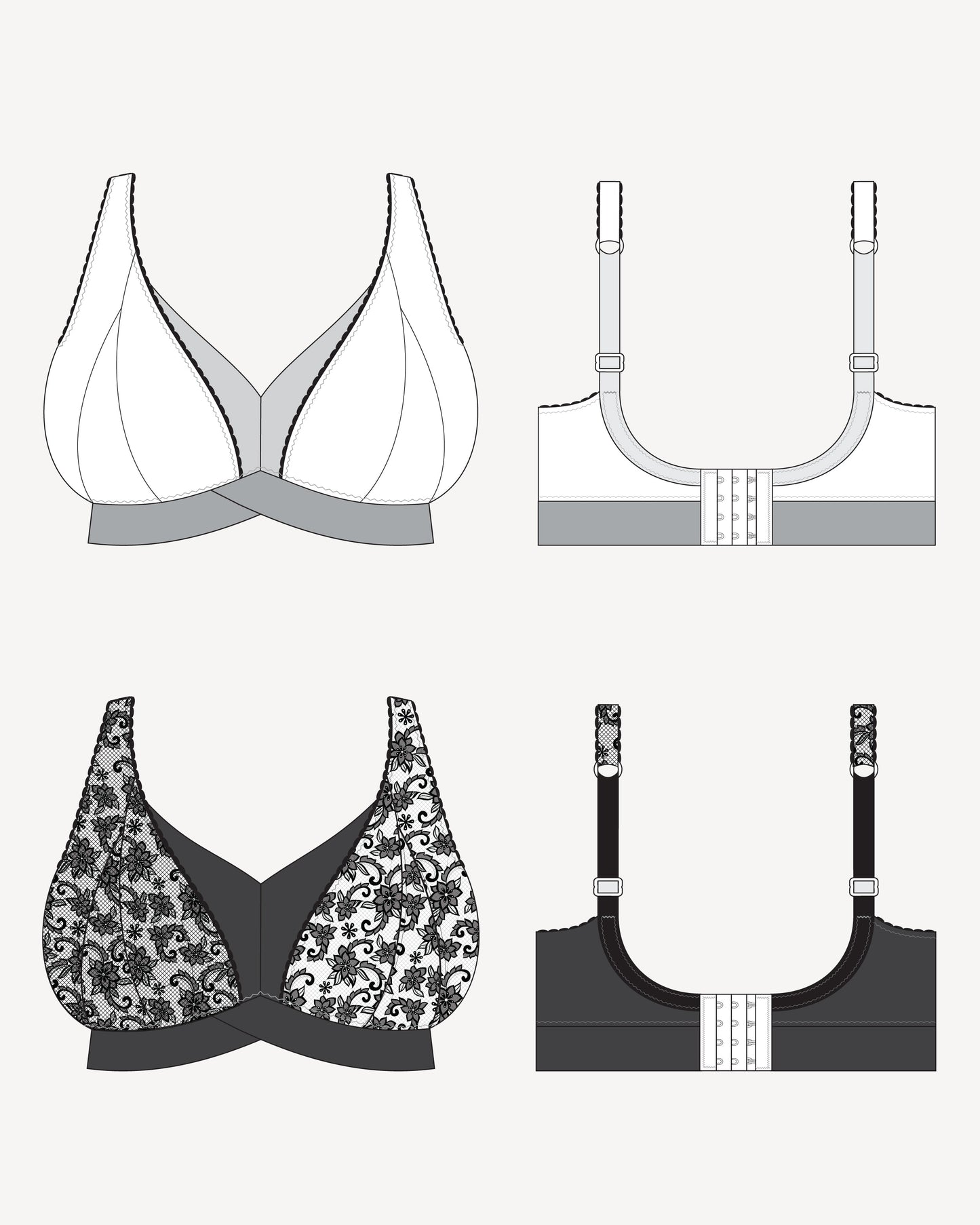 Illustrations of various bras from different angles on a white background. This bralette is the Loftus Bralette sewing pattern from Cashmerette.