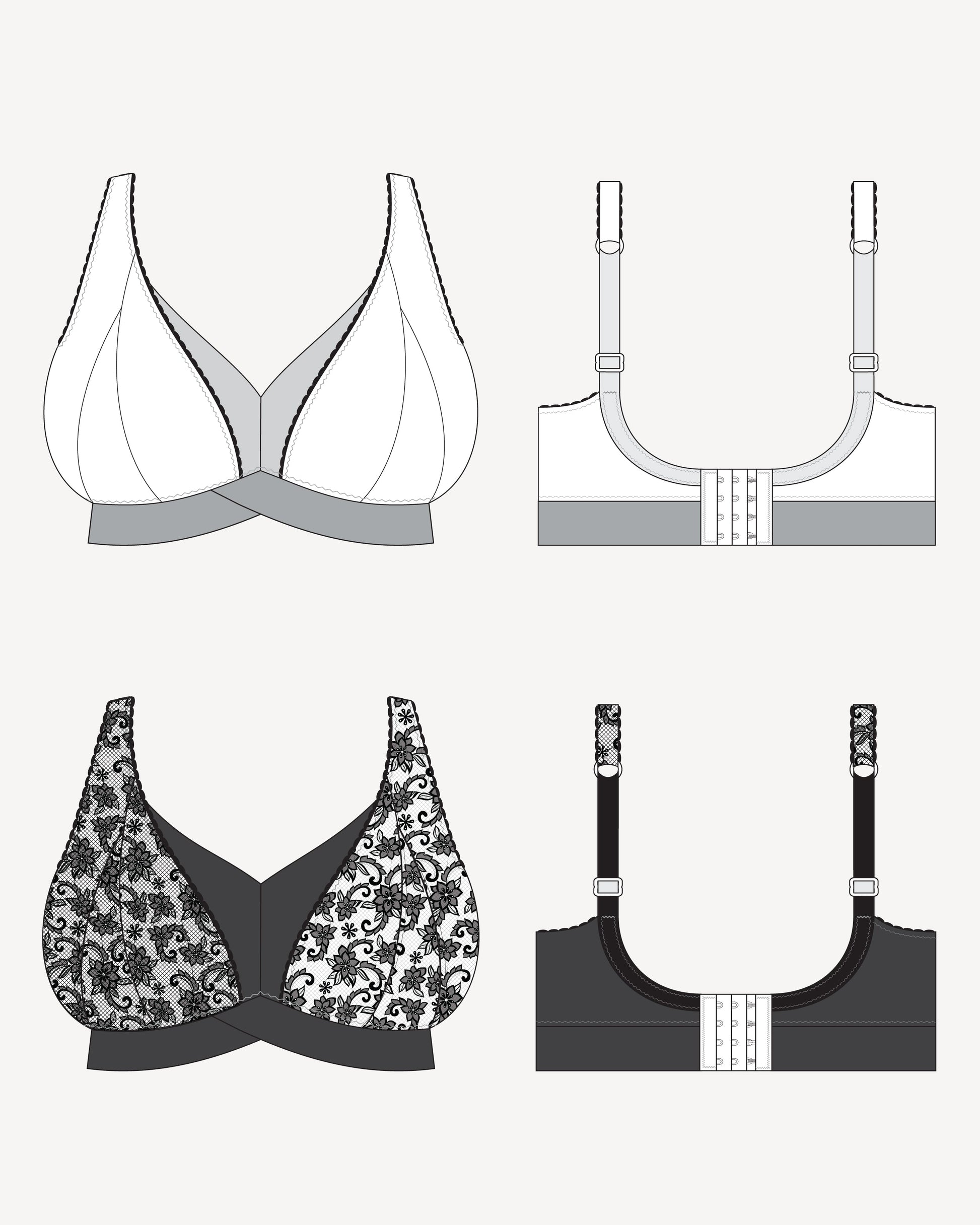 Illustrations of various bras from different angles on a white background. This bralette is the Loftus Bralette sewing pattern from Cashmerette.