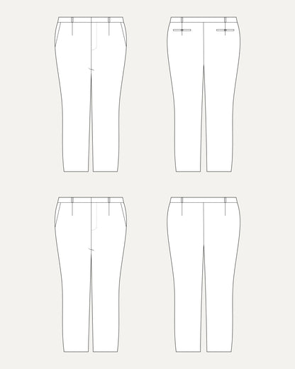 Technical drawing of a pair of pants from multiple angles on a white background. These pants are the Meriam Trousers sewing pattern from Cashmerette.