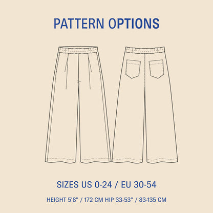 Outline of a pair of pants with pattern options text on a beige background