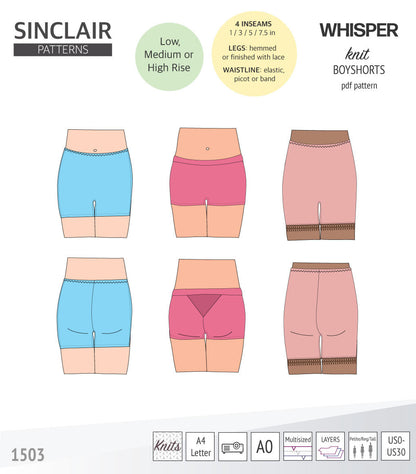 Whisper no front seam boyshorts with various inseams (PDF)