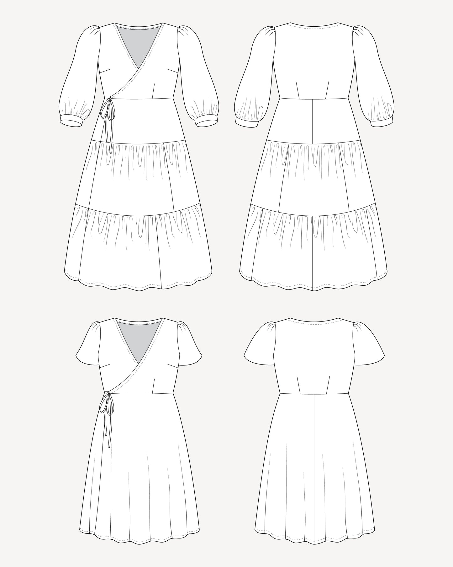 Line art of a dress from multiple angles on a white background. This dress is the Roseclair Wrap Dress sewing pattern from Cashmerette.