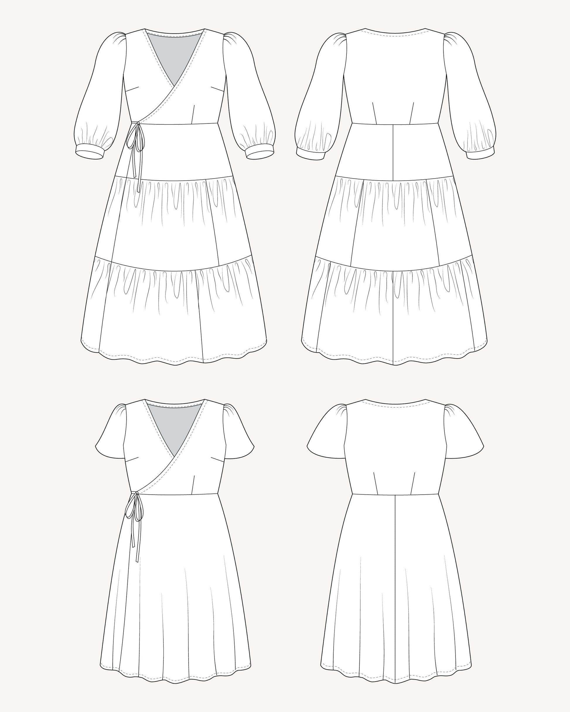 Line art of a dress from multiple angles on a white background. This dress is the Roseclair Wrap Dress sewing pattern from Cashmerette.