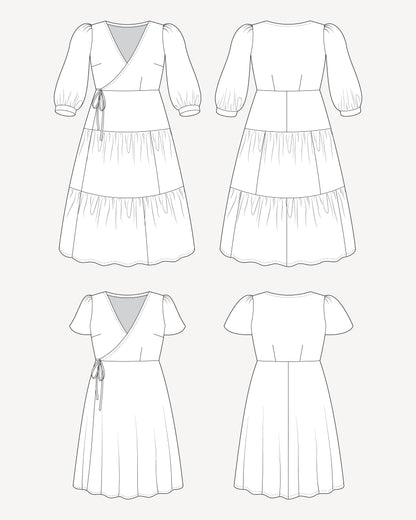 Line art of a dress from multiple angles on a white background. This dress is the Roseclair Wrap Dress sewing pattern from Cashmerette.