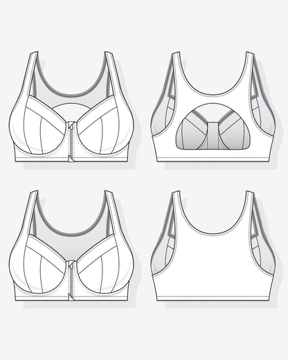 Technical drawings of a sports bra from multiple angles on a white background. This is the Somerville Sports Bra sewing pattern from Cashmerette.