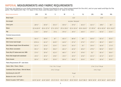 A printed measurement chart titled 'IMPERIAL MEASUREMENTS AND FABRIC REQUIREMENTS' showing body measurements and fabric needs for sizes 2KX through 44LXL, with a small illustration of a shirt and pants at the top.