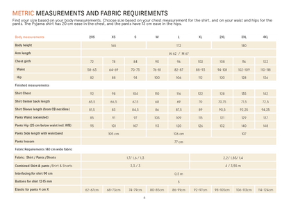 A printed measurement and fabric requirements table for a Pyama shirt, showing body measurements in centimeters for body height, arm length, chest, waist, and finished measurements for different shirt sizes, plus fabric requirements and button size.