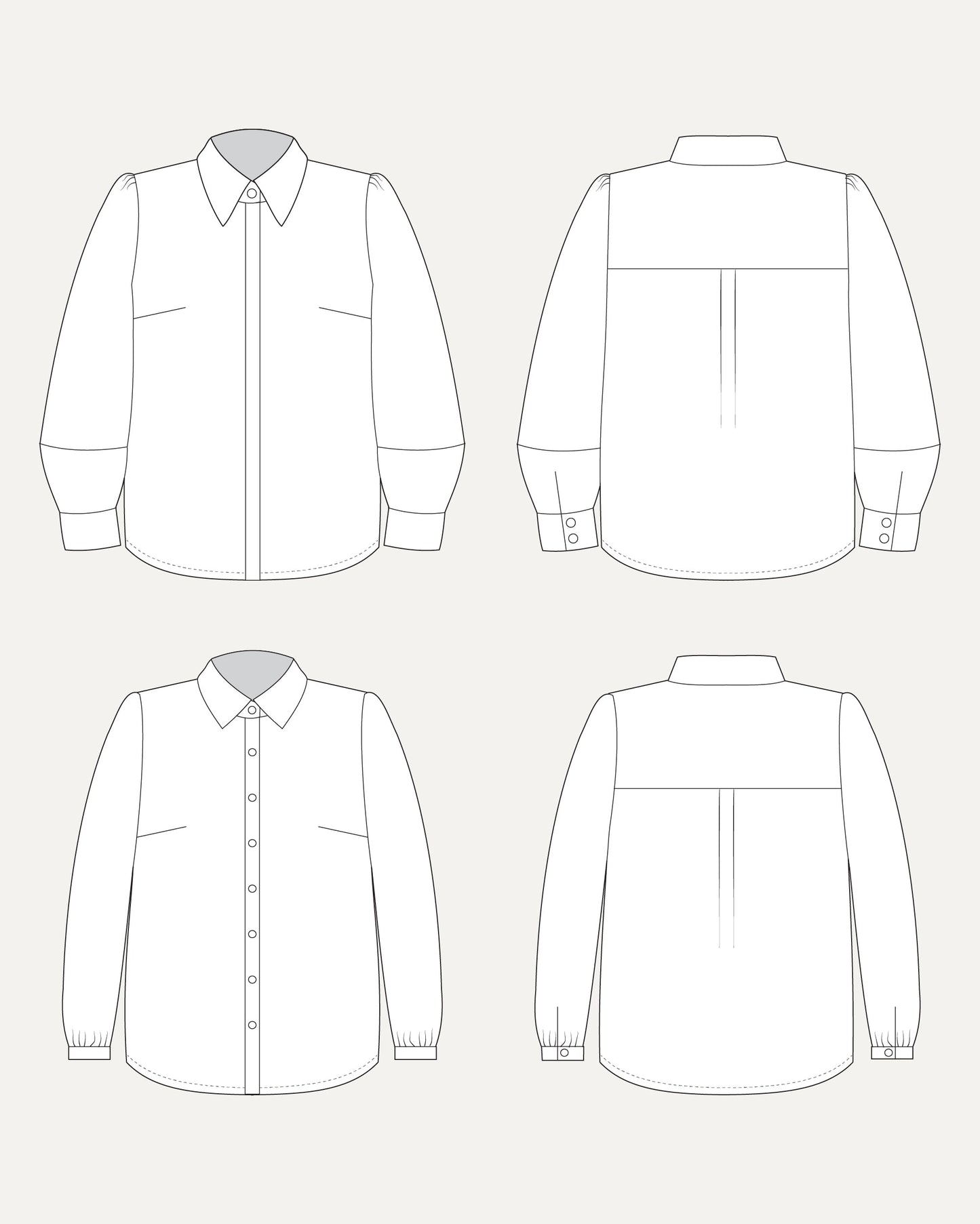 Line drawing of a shirt from front, back, and side views on a white background. This top is the Vernon Shirt sewing pattern from Cashmerette.