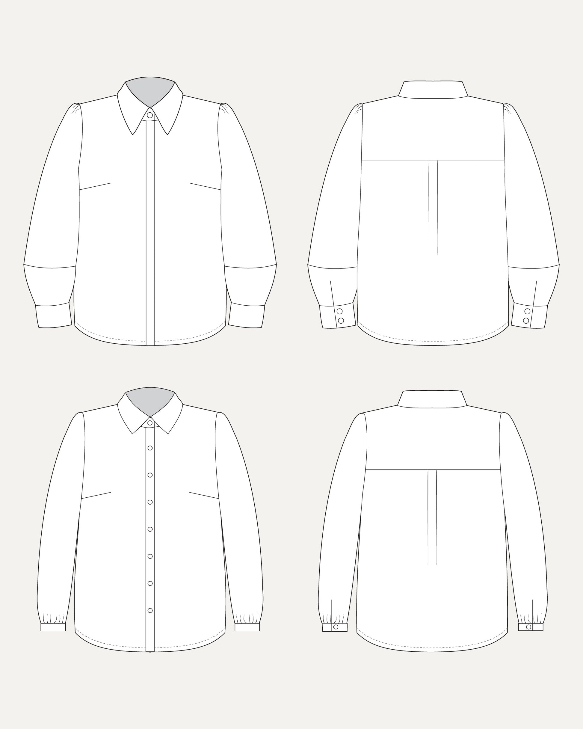Line drawing of a shirt from front, back, and side views on a white background. This top is the Vernon Shirt sewing pattern from Cashmerette.