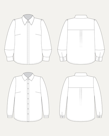 Line drawing of a shirt from front, back, and side views on a white background. This top is the Vernon Shirt sewing pattern from Cashmerette.