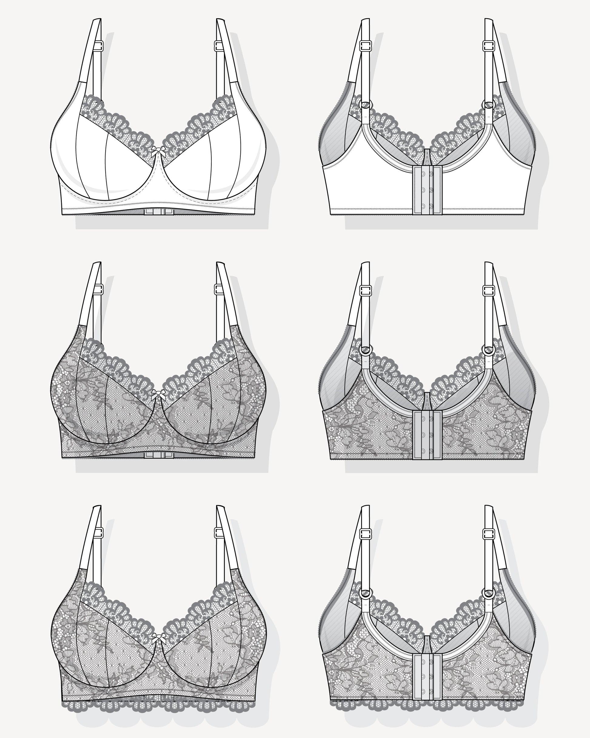 Technical drawings of various types of bras on a white background. This bra is the Willowdale Bra sewing pattern from Cashmerette.