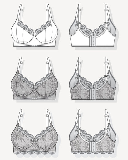 Technical drawings of various types of bras on a white background. This bra is the Willowdale Bra sewing pattern from Cashmerette.