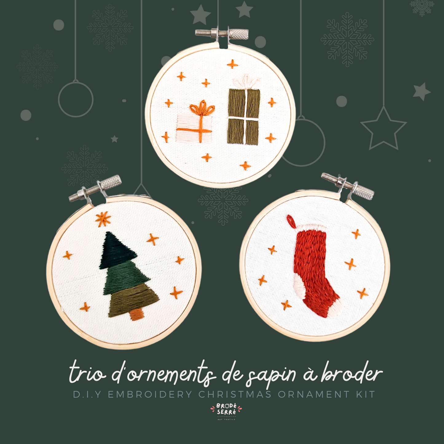 Ensemble de broderie - Joyeux Noël (trio d'ornements) - BRODÉ SERRÉ