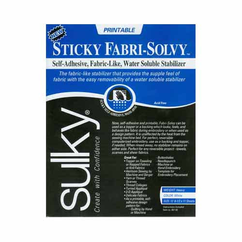 12 feuilles SULKY Sticky Fabri-Solvy - blanc - 21.5 x 28cm (8 1⁄2″ x 11″)