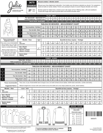 Patron de couture pour blouson aviateur CHARLIE 3675 | Patron papier - Jalie