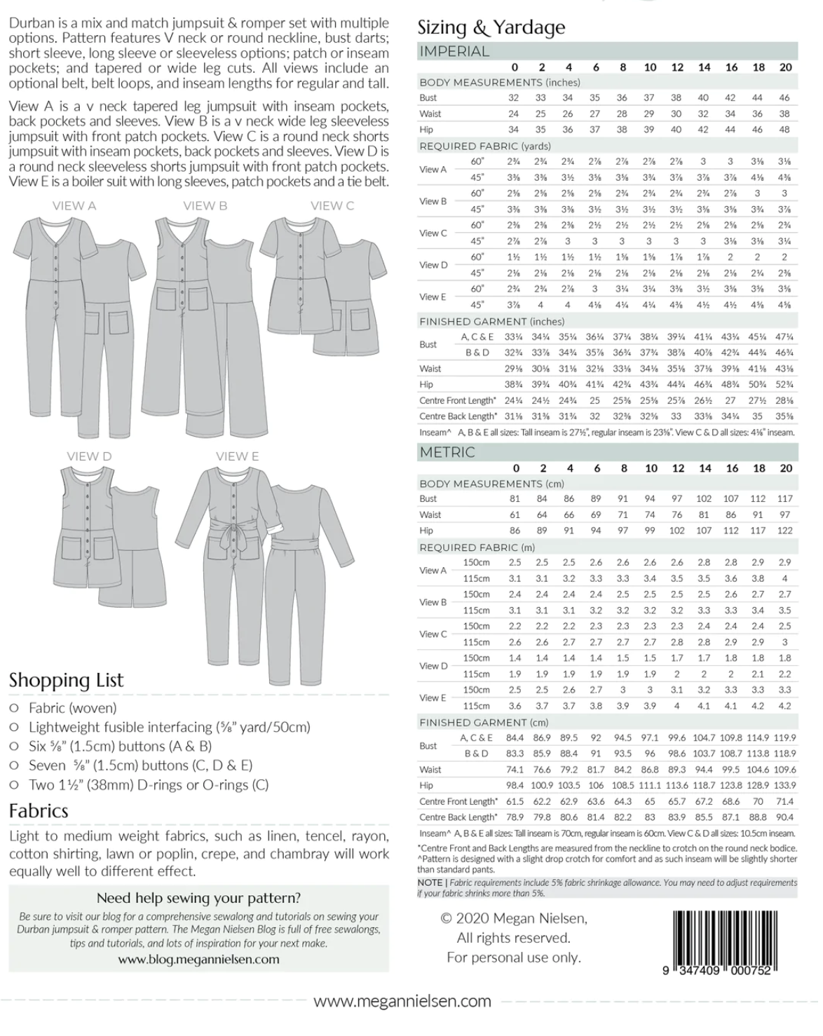 Durban jumpsuits - Paper pattern - MEGAN NIELSEN