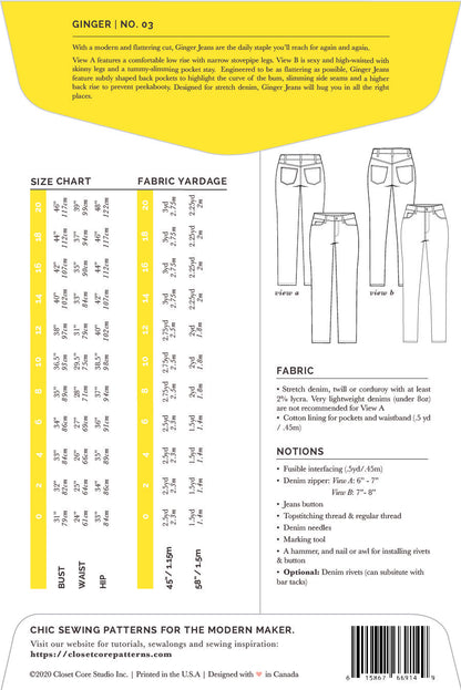 Jeans GINGER | Patron papier - Closet Core Patterns
